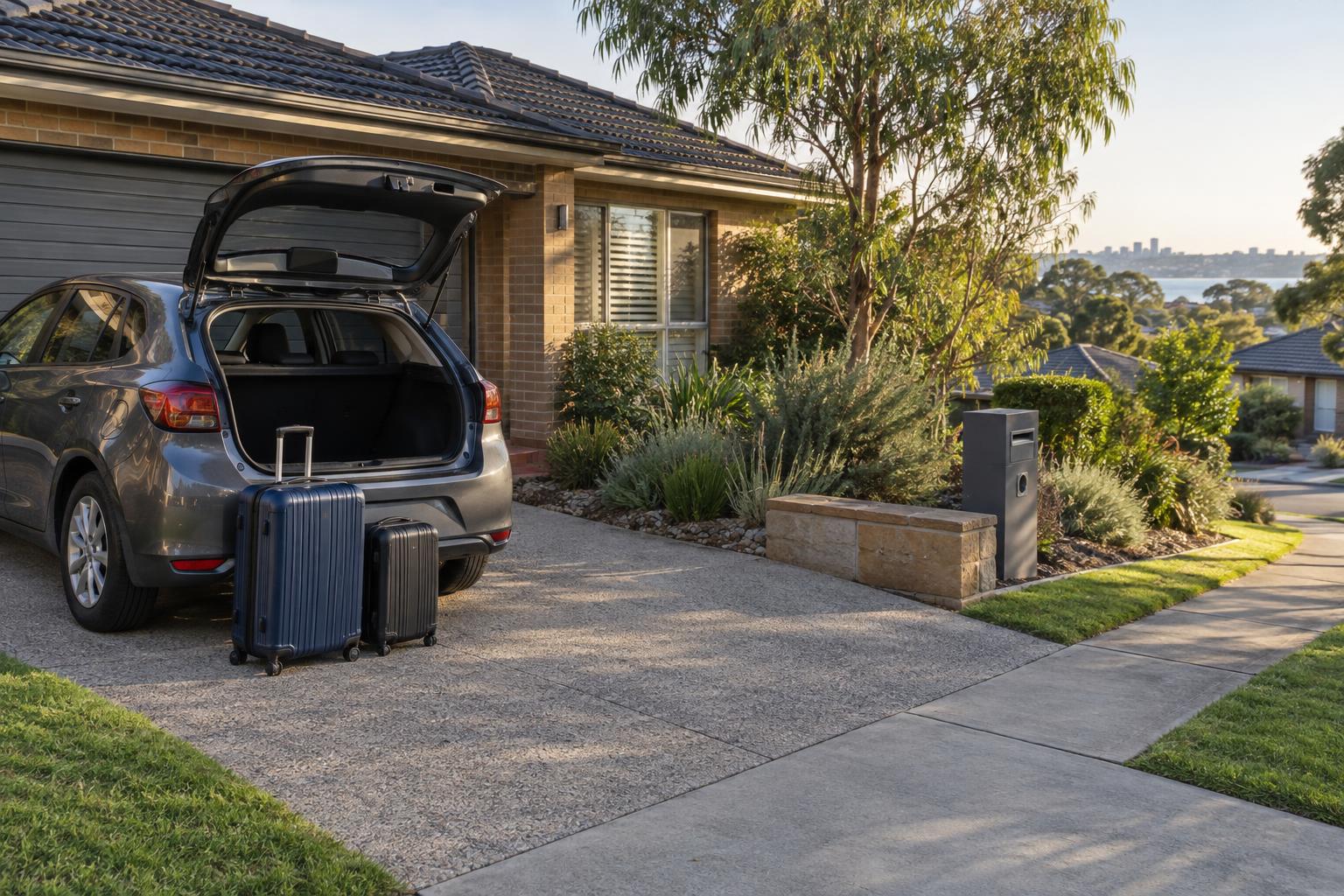 Hatchback parked in a suburban driveway with suitcases ready for an airport transfer