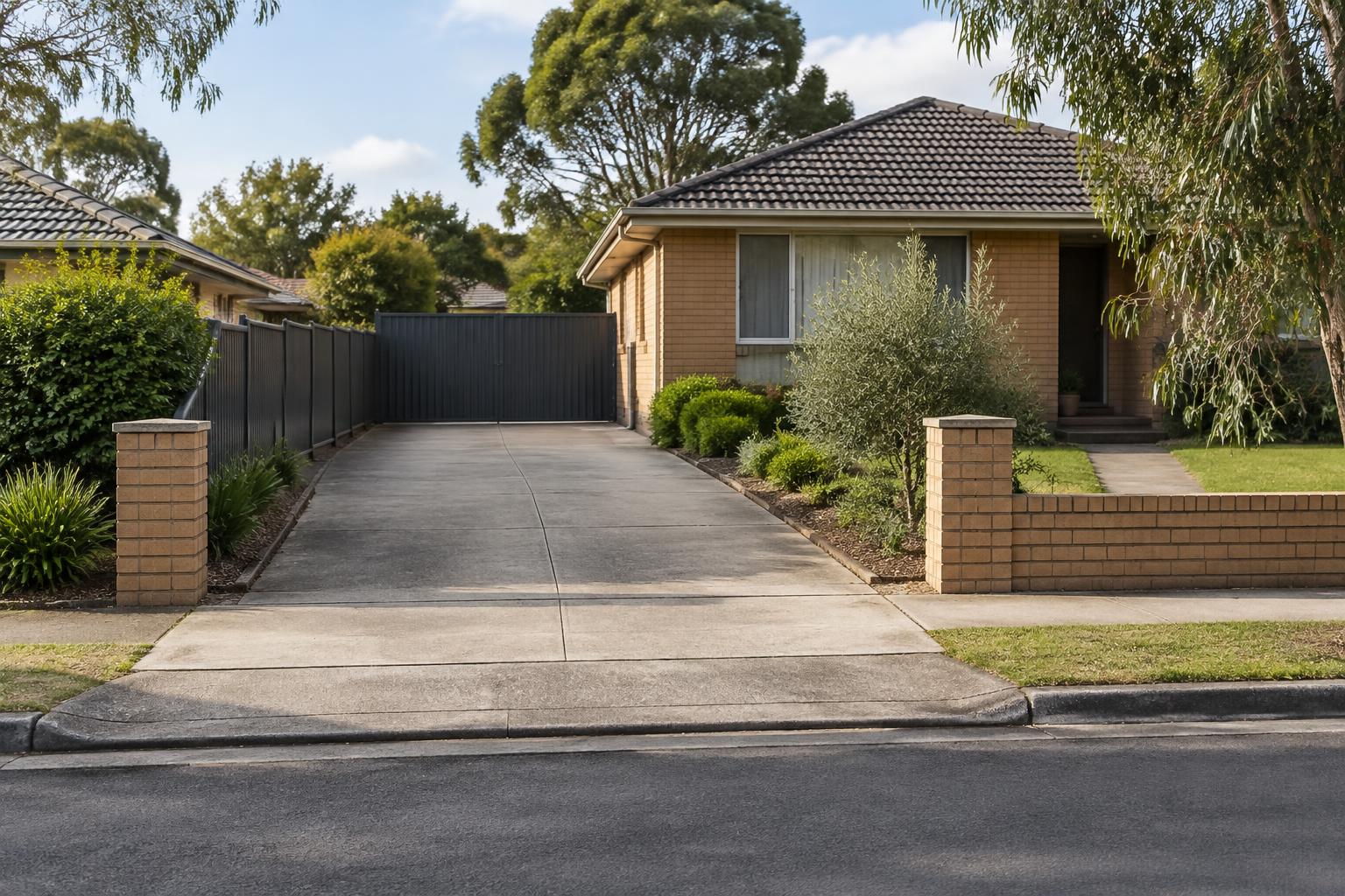 Generated editorial-style image of a single-story brick house with a tiled roof, a wide concrete driveway leading to a dark gate, and a landscaped front yard behind a low brick wall.