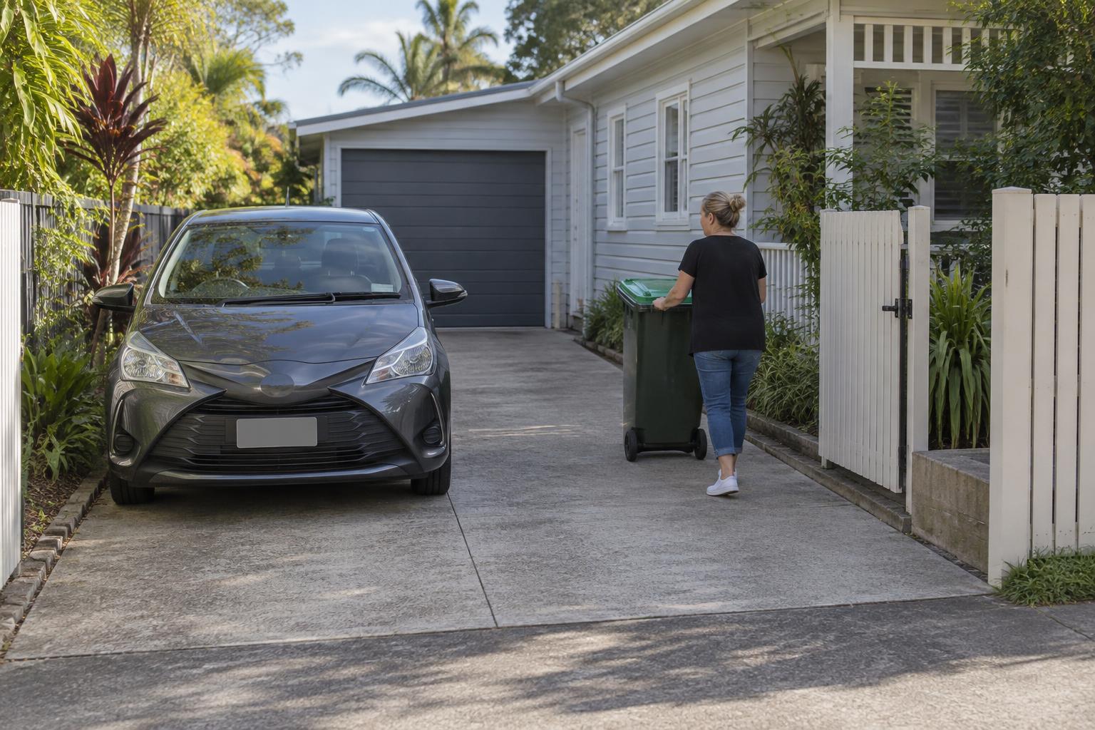 Generated editorial-style image of a person wheeling a green bin along a driveway beside a parked dark car, with a light-colored house, garage, white fence and leafy trees behind.