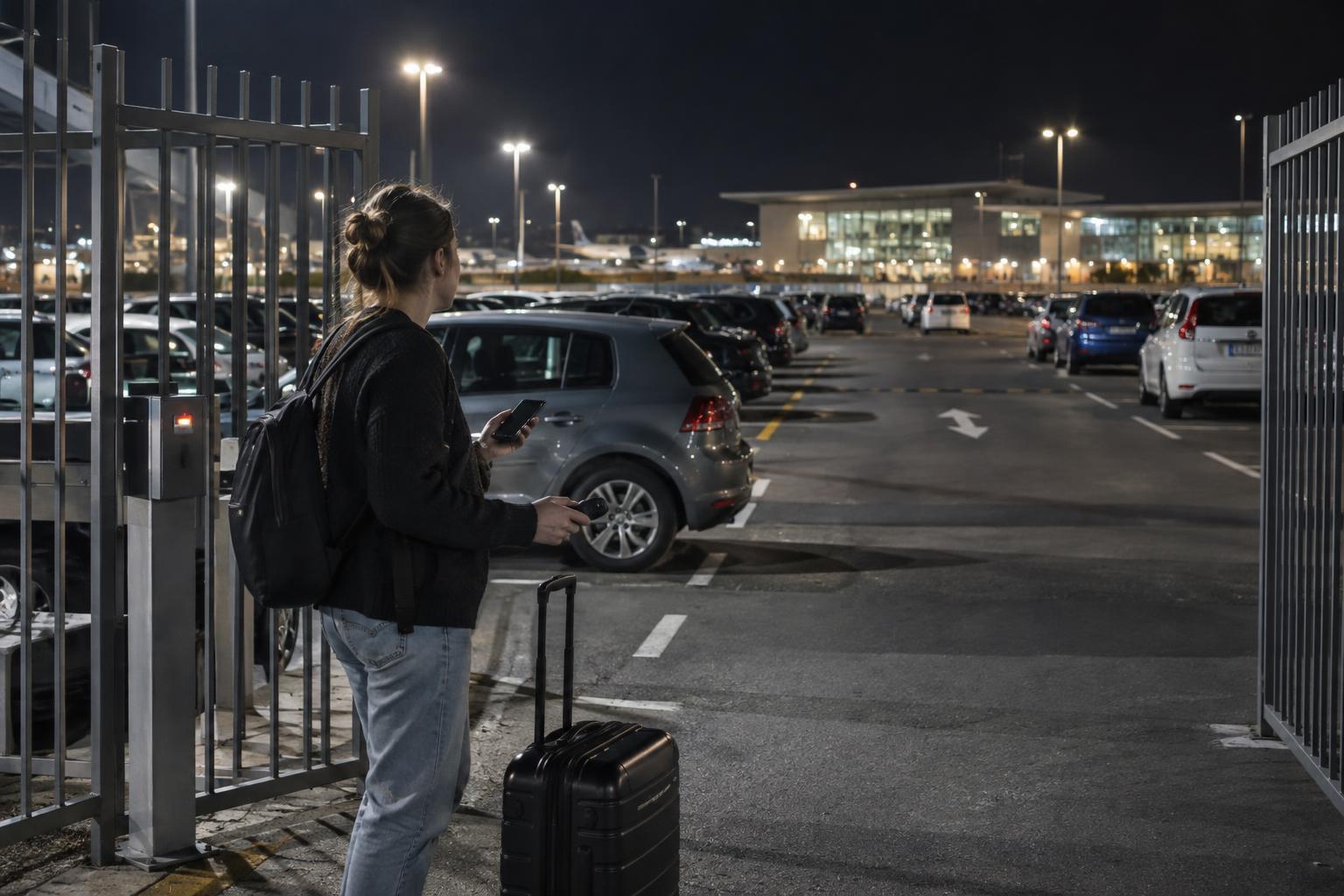 Generated editorial-style image of a traveler with a backpack, phone, and rolling suitcase standing between open metal gates beside rows of parked cars at night, with a brightly lit building beyond.