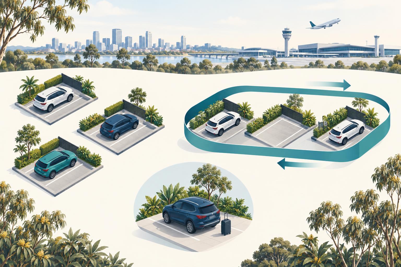 Illustration of cars in landscaped parking bays, with teal arrows looping around three spaces, a suitcase beside a foreground SUV, and an airport terminal, airplane and city skyline behind.